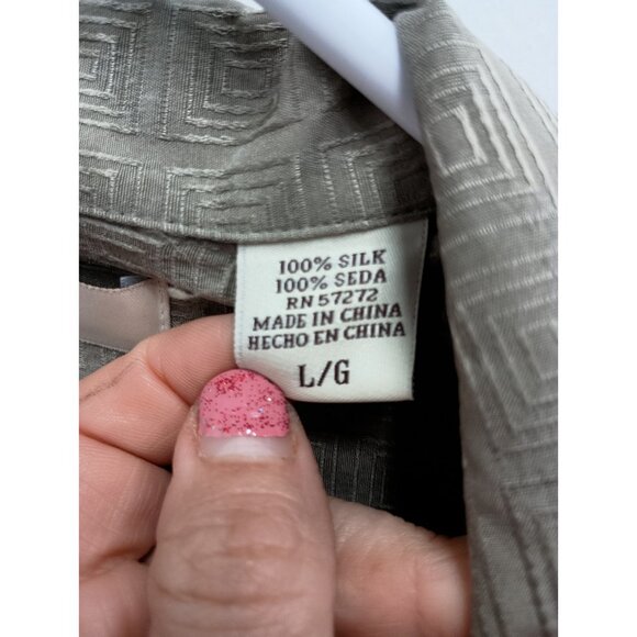 Perry Ellis Mens Hawaiian Shirt Large Olive Green Textured Silk Button Up Resort - Picture 5 of 8